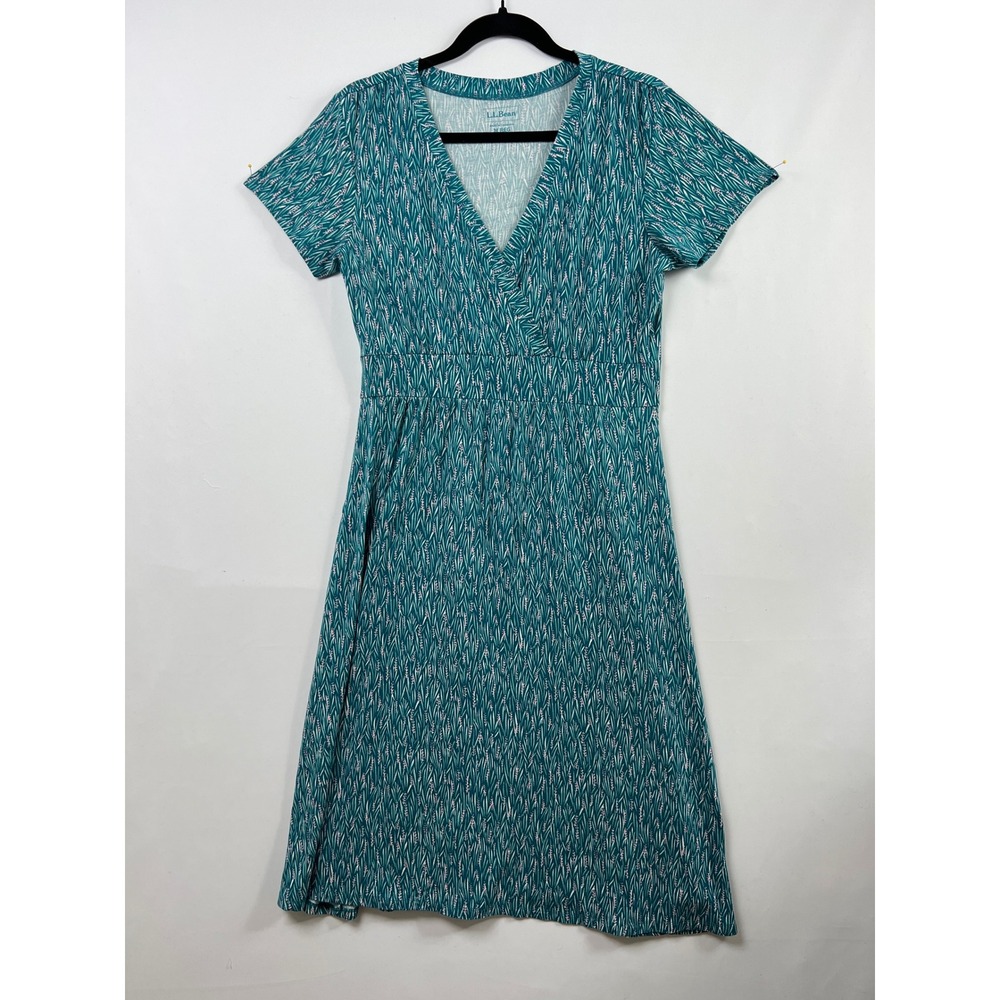 LL Bean Dress Womens Medium M Teal Green Floral Empire Waist V-Neck Midi Classic
